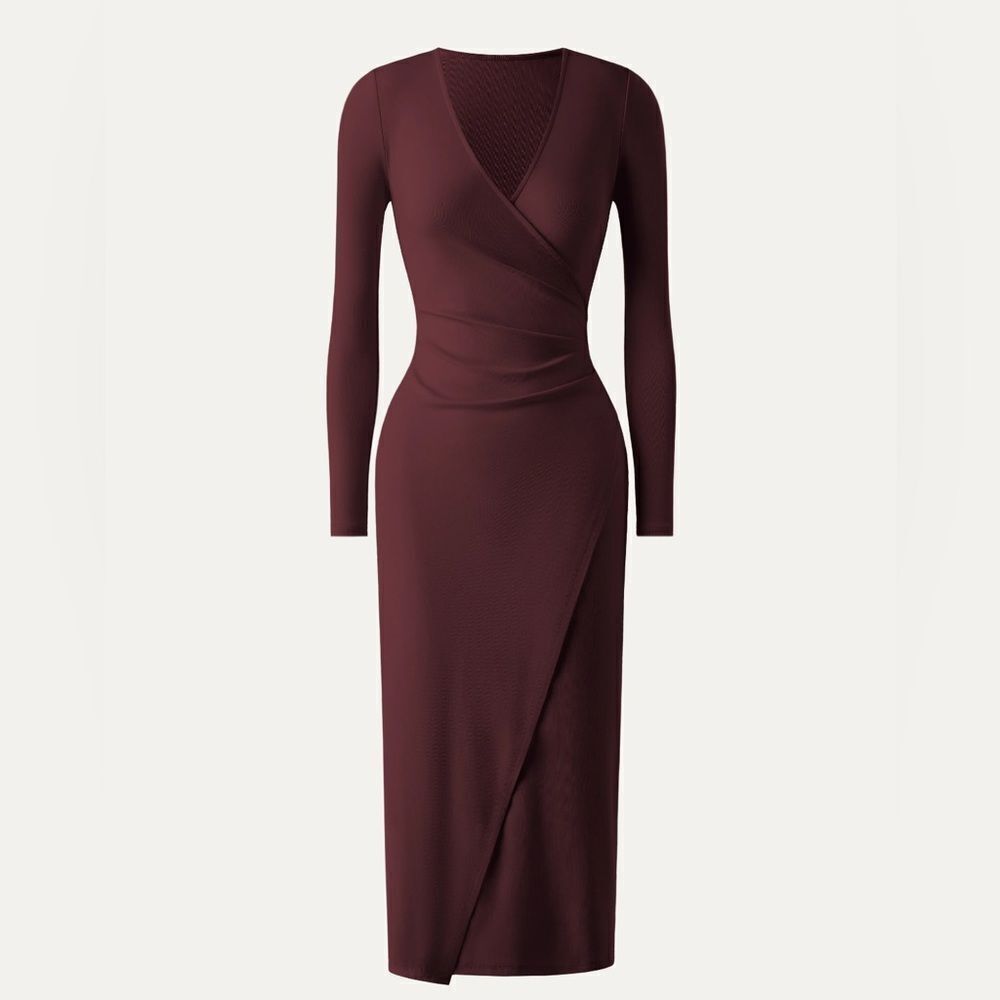 NWT OGL Light Cotton Rib Faux Wrap Light Cotton Midi Dress - Hazelnut Coco